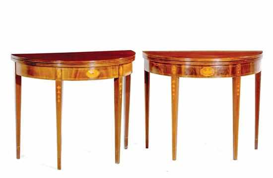 Appraisal: Near pair Federal style inlaid mahogany demilune card tables D-shape