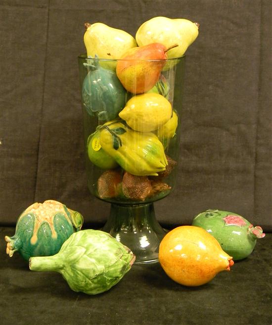 Appraisal: Pedestal green glass vessel with ceramic fruit some Chinese ''