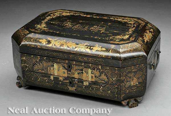 Appraisal: A Regency Chinoiserie Lacquered Sewing Box c gilt on black