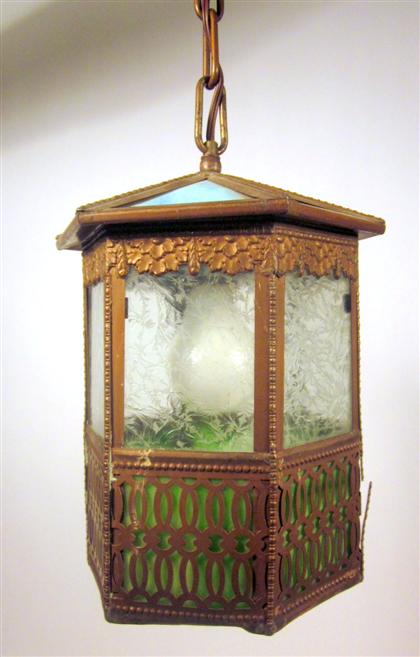 Appraisal: Arts and Crafts copper and glass hanging lanterncirca