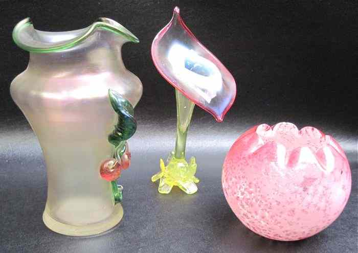 Appraisal: COLLECTION OF THREE ART GLASS VASES Kralik applied fruit vase