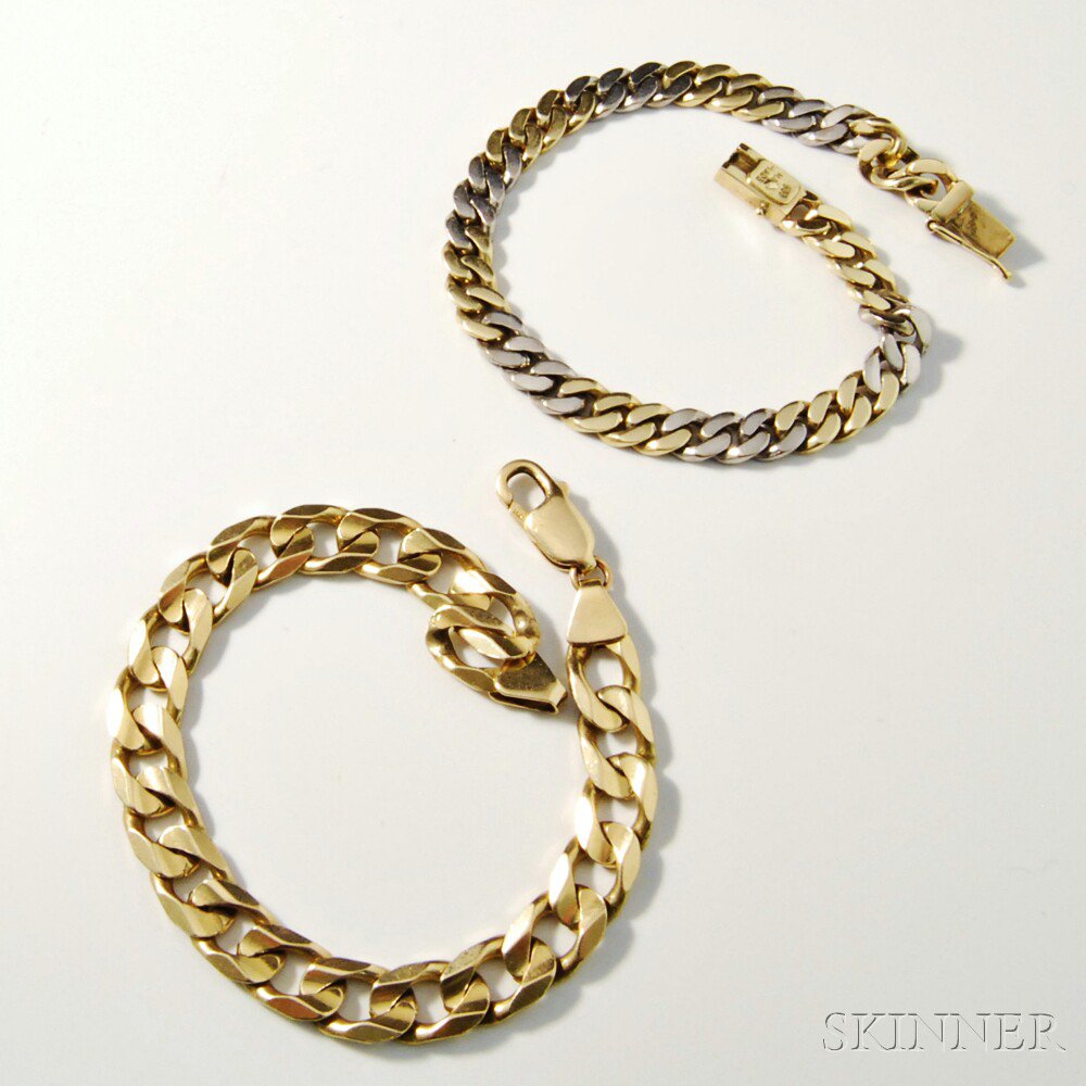 Appraisal: Two kt Gold Curb-link Bracelets one with alternating links of