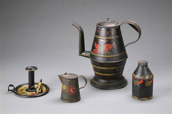 Appraisal: FOUR PIECES OF TOLE All with paint decoration Coffee pot