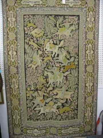 Appraisal: Persian Handmade Rug fine weaving ofhunters and animals saying around