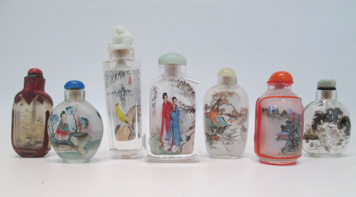 Appraisal: SEVEN CHINESE REVERSE PAINTED GLASS SNUFF BOTTLES various forms and