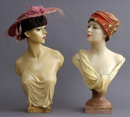 Appraisal: PAIR OF ART MODERNE WAX DISPLAY BUSTS ON MARBLE BASES