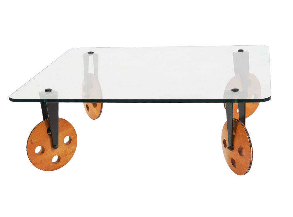 Appraisal: Italian Glass Top Table on Wheels by Gae Aulenti Gae