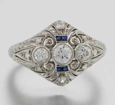 Appraisal: An Art Deco Platinum Diamond and Sapphire Ring ca Platinum