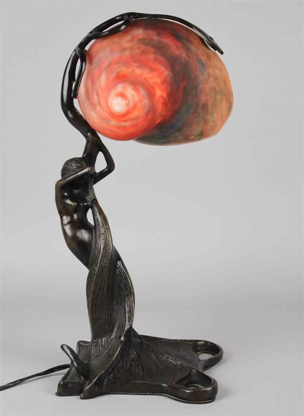 Appraisal: ART NOUVEAU STYLE PATINATED BRONZE TABLE LAMP with modeled glass