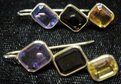 Appraisal: karat yellow gold amethyst garnet and topaz drop earrings Three