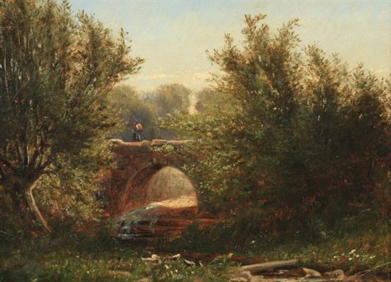 Appraisal: JOSEPH R WOODWELL American - LANDSCAPE WITH DUCKS AND BRIDGE