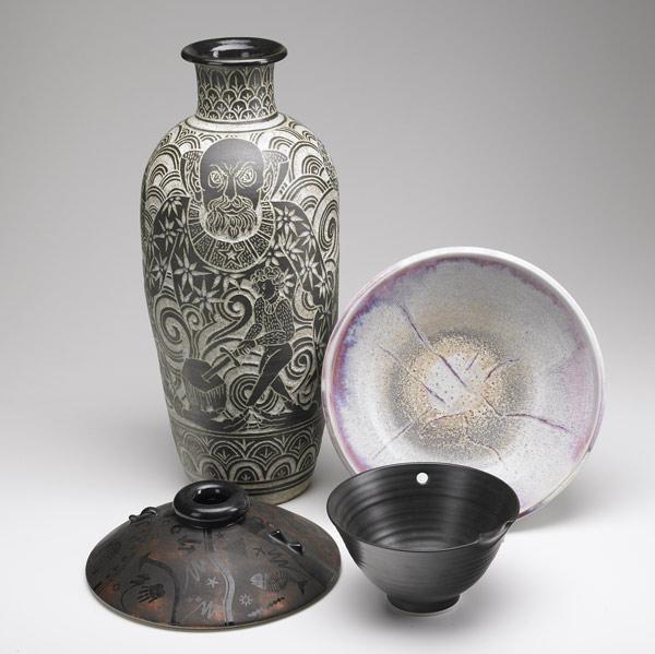 Appraisal: STUDIO POTTERY Four pieces includes tall vase two bowls and