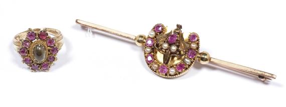 Appraisal: RUBY AND PEARL BAR BROOCH AND RUBY RING ca Yellow