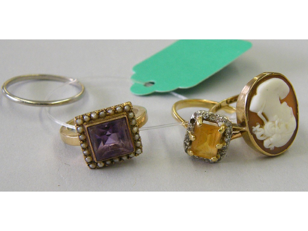 Appraisal: ct oval carved cameo ring amethyst and pearl square cluster