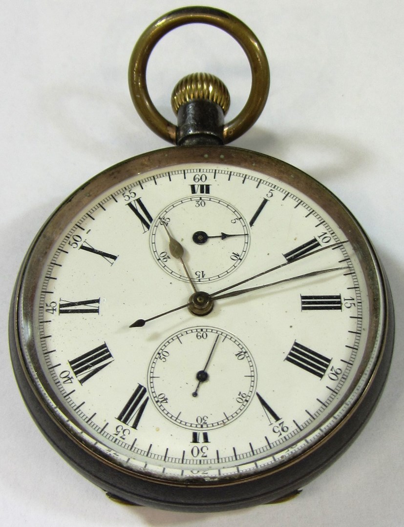 Appraisal: A gentleman's base metal cased keyless wind openfaced centre stop