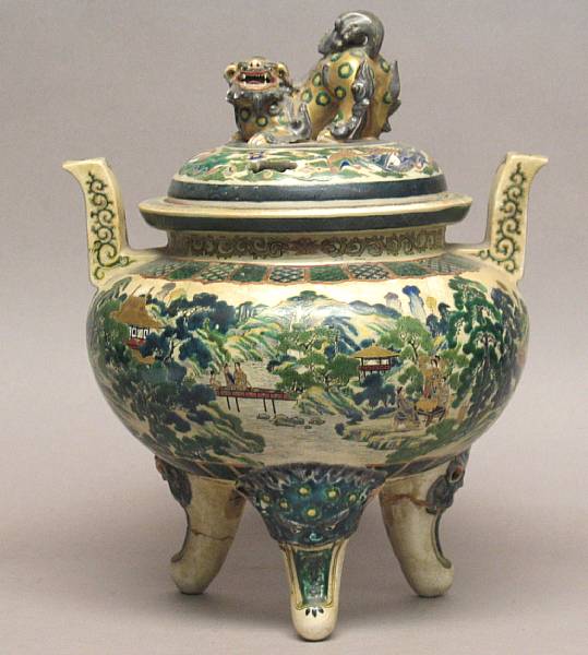 Appraisal: A Satsuma style tripod covered censer With shishi finial to