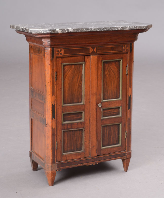 Appraisal: MINIATURE FRENCH PROVINCIAL WALNUT AND FRUITWOOD PARQUETRY ARMOIRE Now fitted