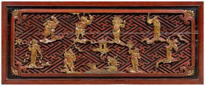 Appraisal: Chinese carved wood panel red lacquer with gilt figures of