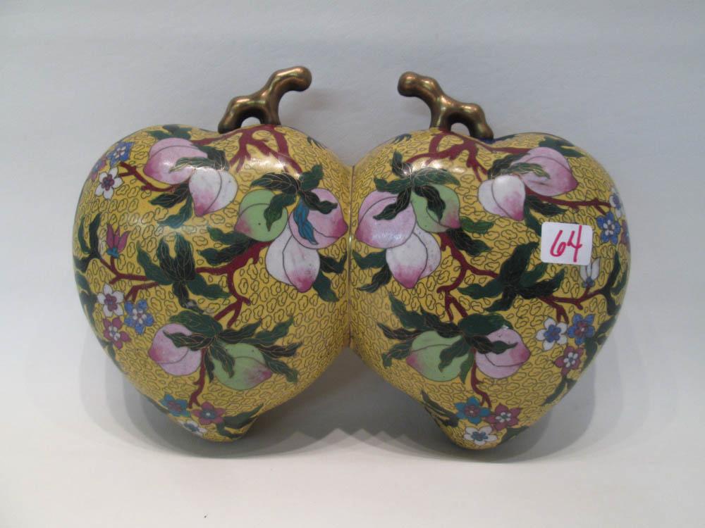 Appraisal: CHINESE LONGEVITY CLOISONNE DOUBLE PEACH COVERED BOX having yellow ground