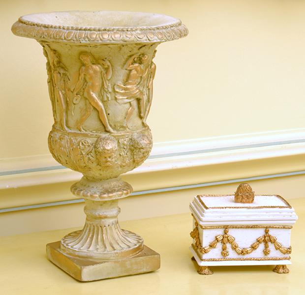 Appraisal: GILDED AND PAINTED URN AND COVERED JEWELLERY BOX