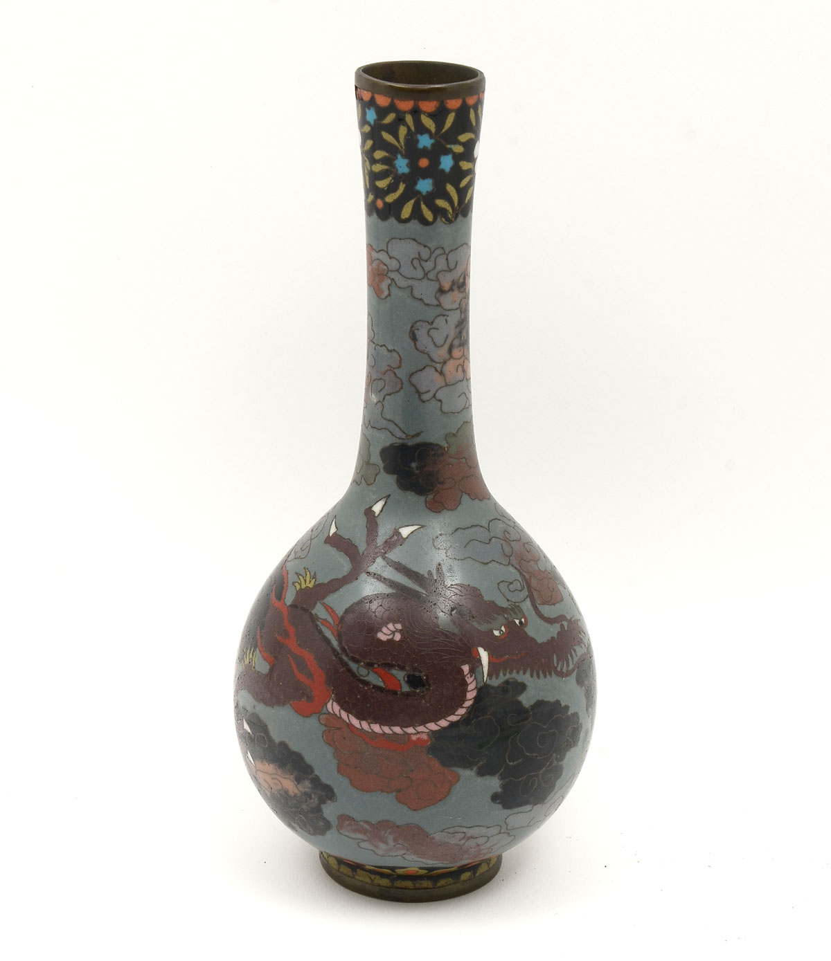 Appraisal: CLOISSONE DRAGON BOTTLE VASE Grey ground cloisonne on Copper bottle