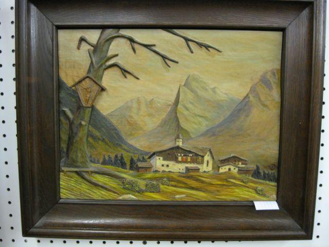 Appraisal: R Schurer Carved Wooden Plaque Swiss landscape bas-relief dated x