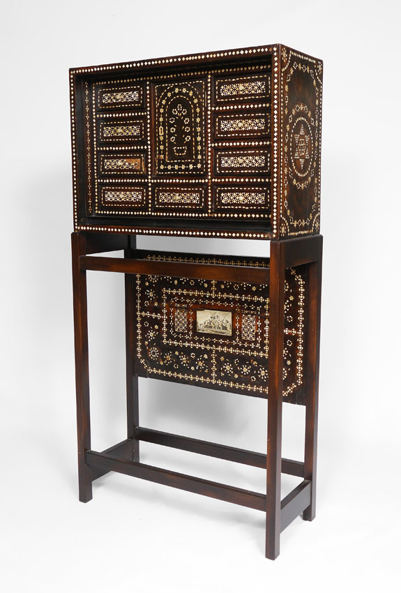 Appraisal: DAMASCENE BONE INLAY CABINET ON STAND Upper section of drawers