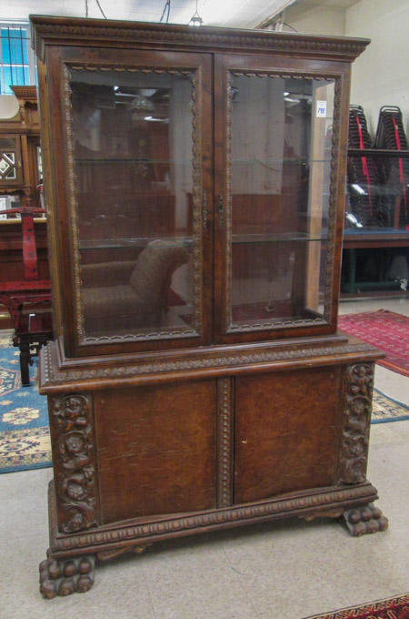 Appraisal: CARVED AND BURL WALNUT CHINA CABINET ON CABINET German early