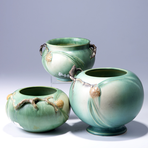 Appraisal: Three ROSEVILLE green Pine Cone pieces to include a jardiniere