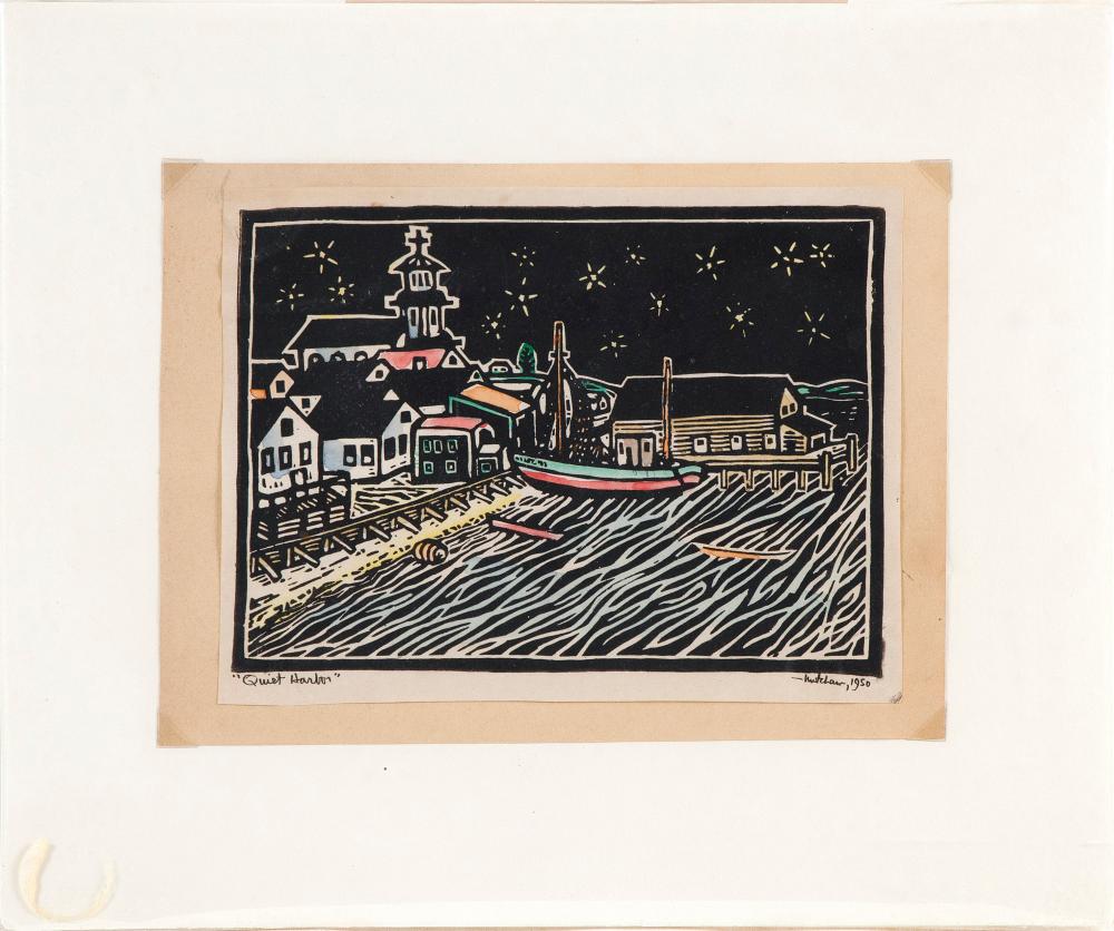 Appraisal: HOWARD MITCHAM MASSACHUSETTS MISSISSIPPI - QUIET HARBOR HAND-COLORED WOODBLOCK PRINT