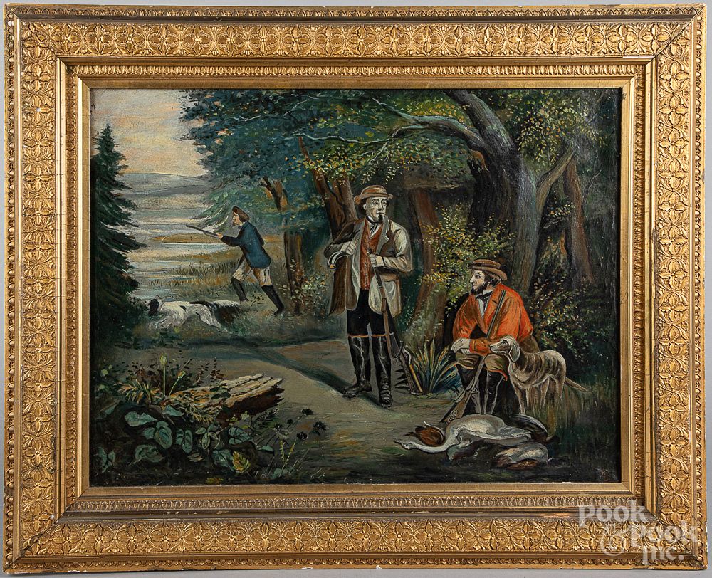 Appraisal: Oil on canvas hunters and game ca Oil on canvas