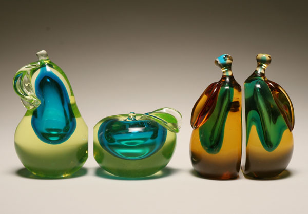 Appraisal: Two pairs of Murano sommerso art glass fruit bookends Tallest