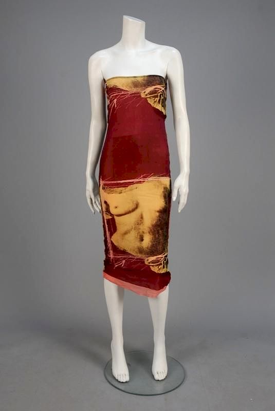 Appraisal: JOHN PAUL GAULTIER TORSO PRINT MESH SKIRT DRESS s Cranberry