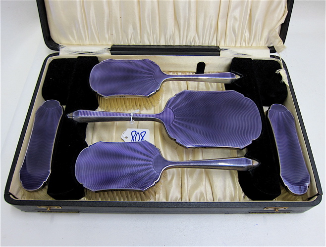 Appraisal: FIVE PIECED ENGLISH STERLING ENAMEL DRESSER SET The set hallmarked