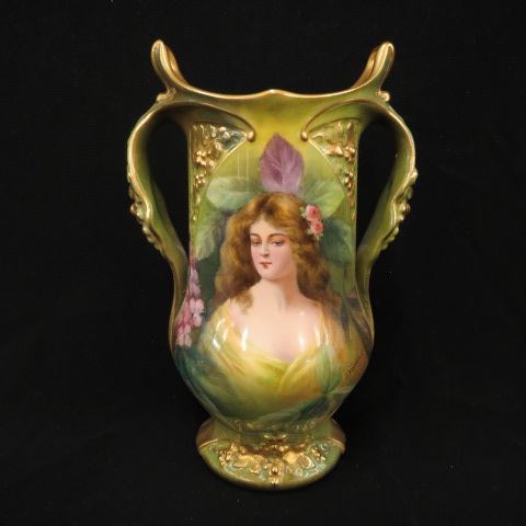 Appraisal: Royal Bonn Porcelain Portrait Vase handpainted maiden signed Duren handled