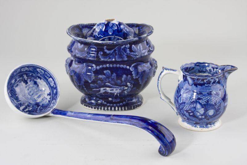 Appraisal: Three Pieces of Unmarked Blue Staffordshire th c includes ladle