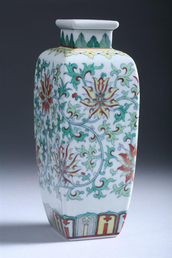 Appraisal: CHINESE DOUCAI PORCELAIN VASE Qianlong underglazed blue mark Of square