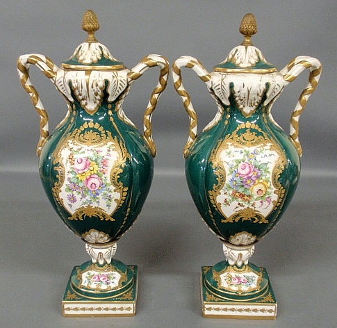 Appraisal: - Pair of colorful French Paris porcelain covered urns late