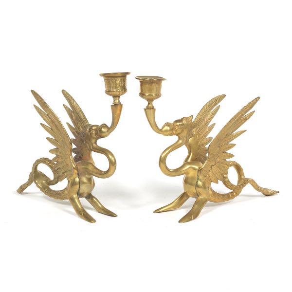 Appraisal: PAIR OF RENAISSANCE REVIVAL BRASS GRIFFIN CANDLE HOLDERS x x