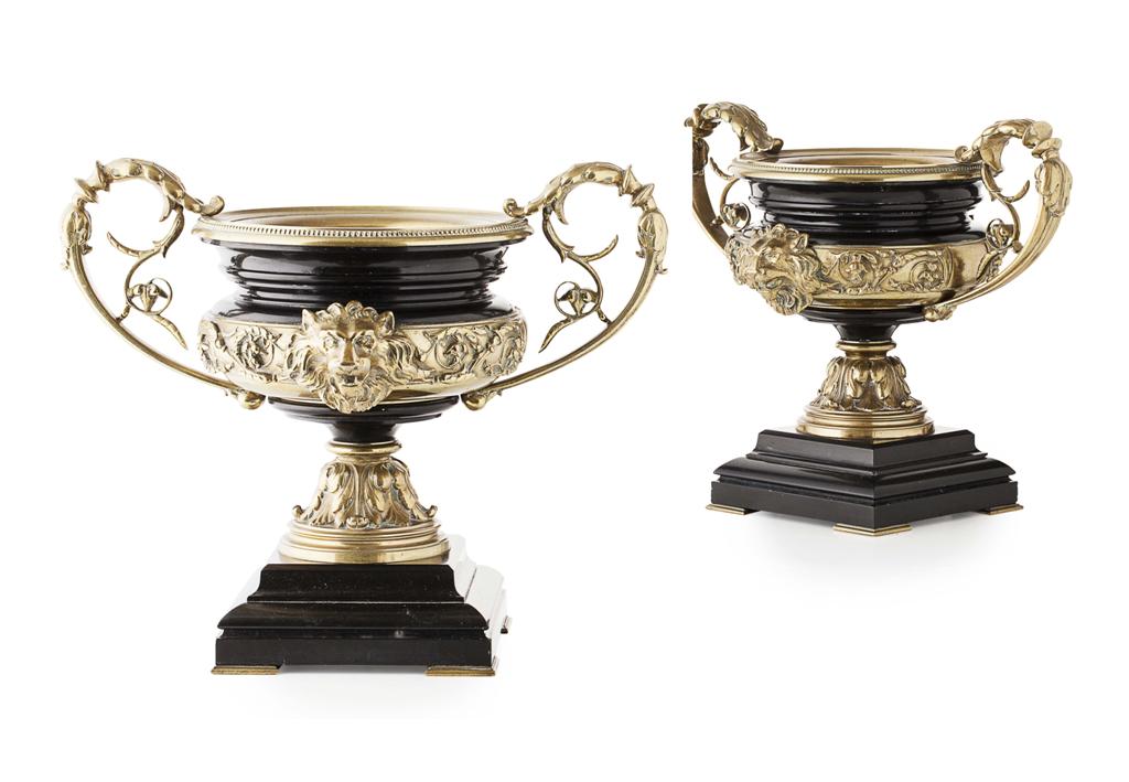 Appraisal: PAIR OF FRENCH GILT BRONZE MOUNTED SLATE URNS TH CENTURY