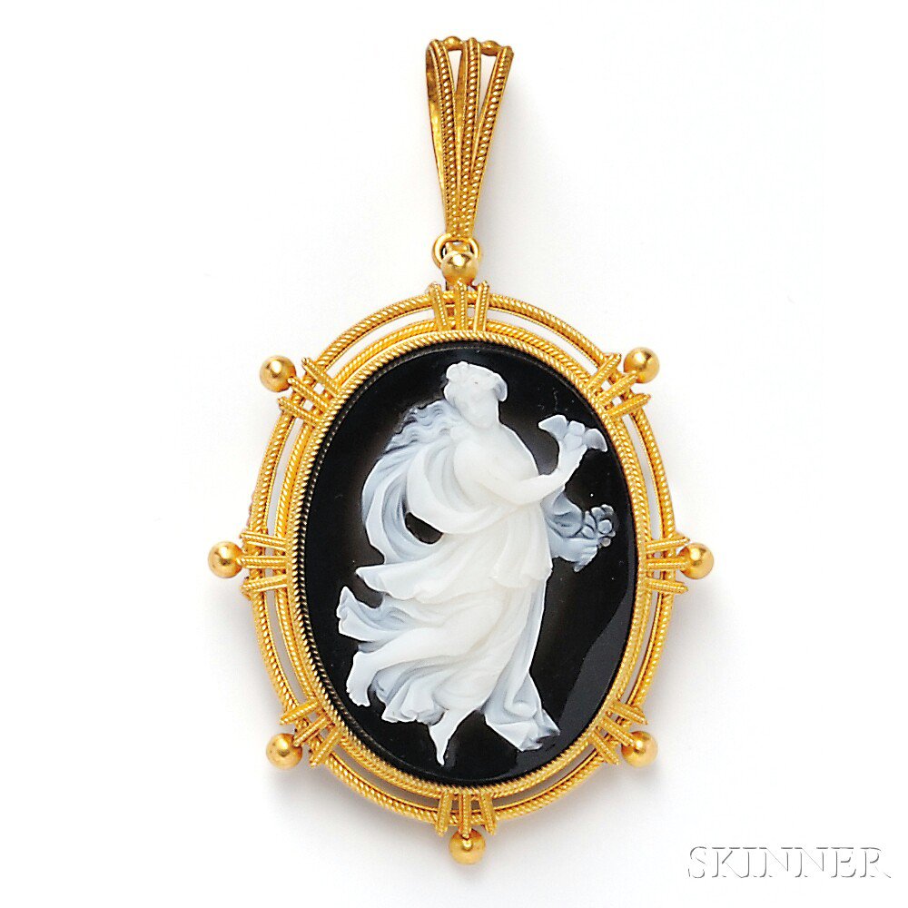 Appraisal: Antique kt Gold and Hardstone Cameo Pendant Brooch depicting a