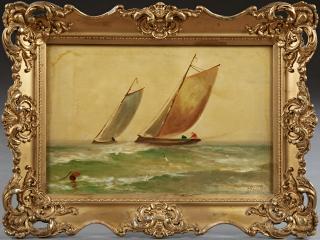 Appraisal: Dutch School Fishing Boats in Rough Seas th c oil