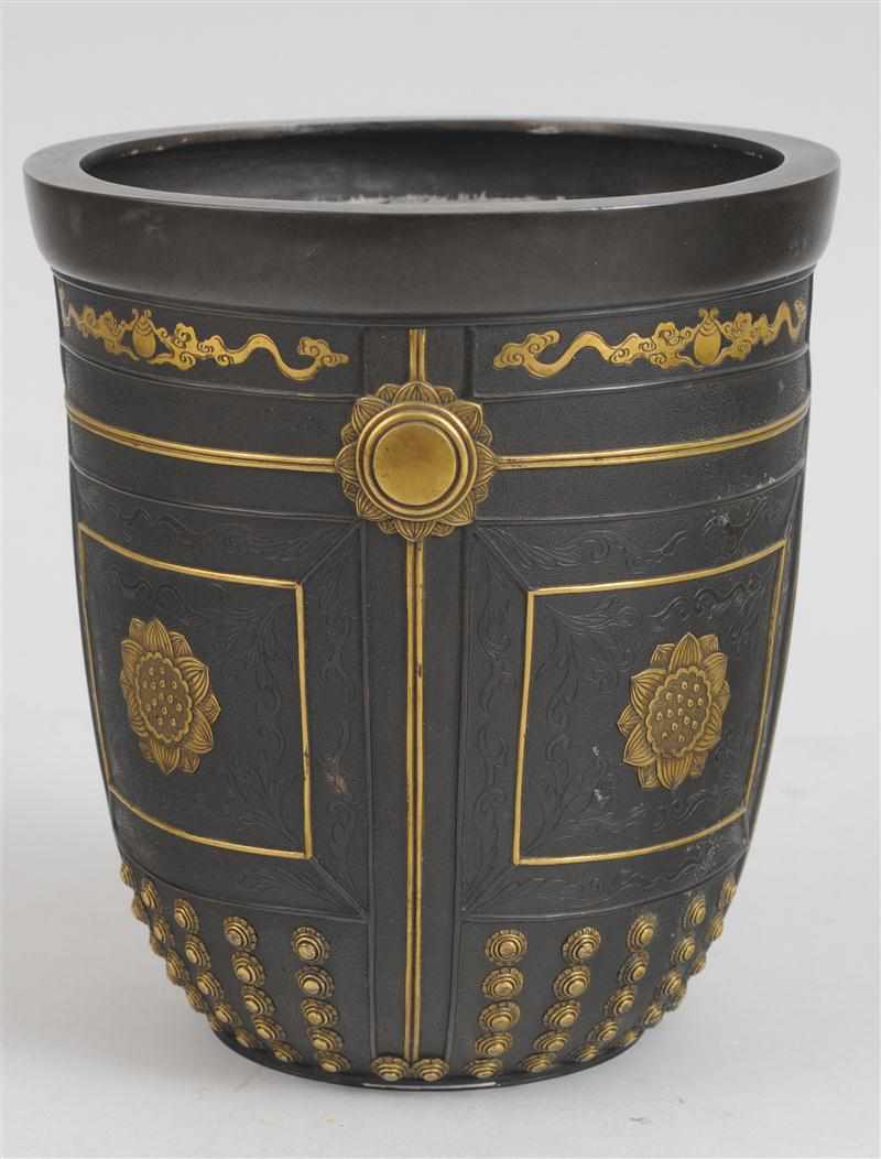 Appraisal: JAPANESE BRONZE AND PARCEL-GILT BELL With four lotus flower panels