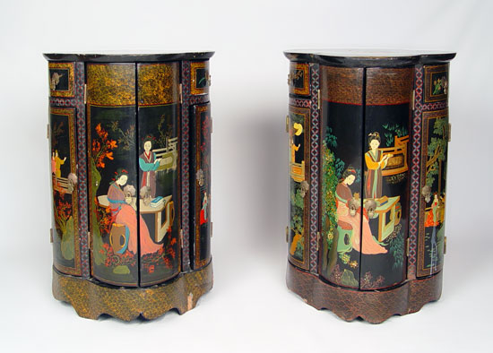 Appraisal: PAIR OF CHINESE LACQUER STANDS Hand painted turn of the