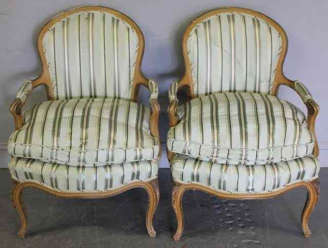 Appraisal: Pair of Vintage Painted Louis XV Style Armchairswith Down Cushions