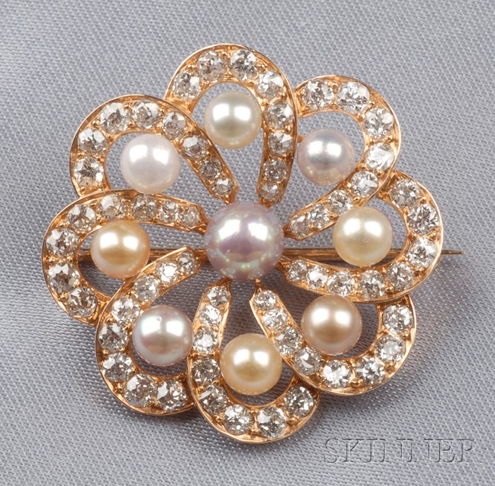 Appraisal: Antique kt Gold Diamond and Multicolor Pearl Brooch centering nine