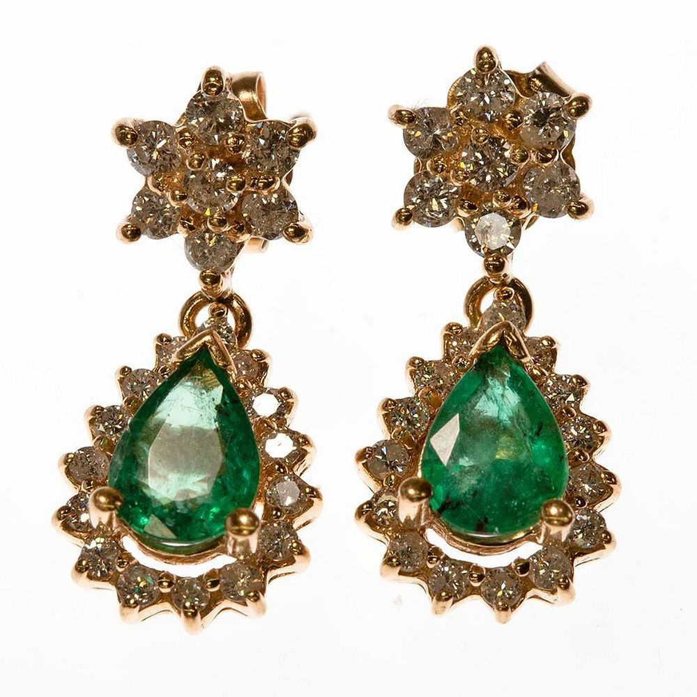 Appraisal: Pair of emerald diamond k gold earrings each earring centering