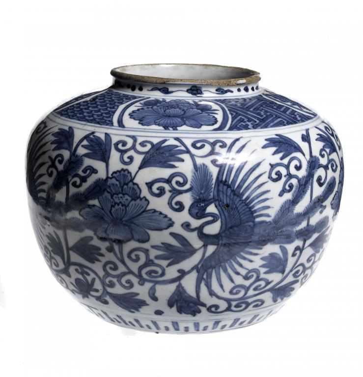 Appraisal: A LATE MING JAR of steeply shouldered ovoid form painted