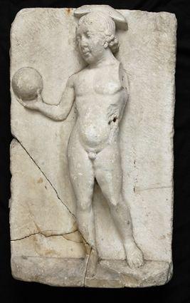 Appraisal: ANCIENT ROMAN-TYPE RELIEF-CARVED MARBLE PANEL Carved as a nude youth