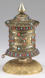 Appraisal: Tibetan Buddhist hand-held prayer wheel having a gilt metal lid